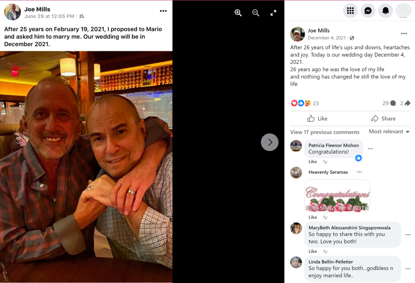 Joe Mills says he decided to get married to his longtime partner to protect their finances.