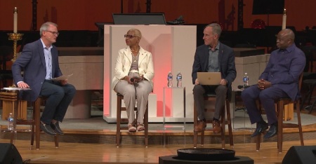 A group of United Methodist Church bishops participate in a panel discussion at the Church of the Resurrection's Leadership Institute event on Sept. 28, 2023. From left to right: the Rev. Adam Hamilton, East Ohio Bishop Tracy Smith Malone, Florida Bishop Tom Berlin and Bishop Mande Muyombo of the Congo Central Conference.