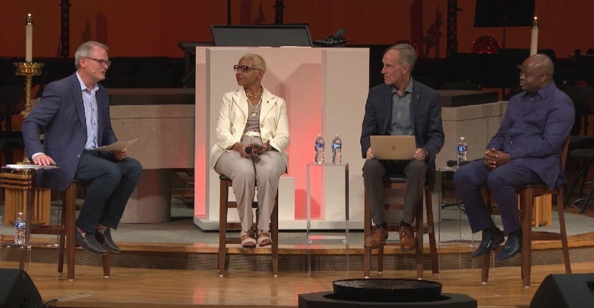 A group of United Methodist Church bishops participate in a panel discussion at the Church of the Resurrection's Leadership Institute event on Sept. 28, 2023. From left to right: the Rev. Adam Hamilton, East Ohio Bishop Tracy Smith Malone, Florida Bishop Tom Berlin and Bishop Mande Muyombo of the Congo Central Conference.