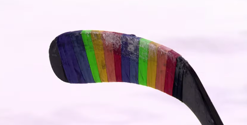 Pride Tape is seen on an NHL player's stick during warm-ups.