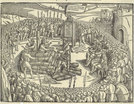 English Protestants Hugh Latimer and Nicholas Ridley being burned at the stake in October 1555.