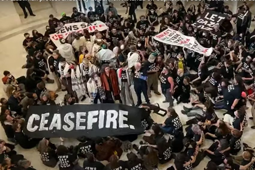 Pro-Palestine protesters demonstrate inside the Cannon Rotunda in Washington, D.C., on Oct. 18, 2023.
