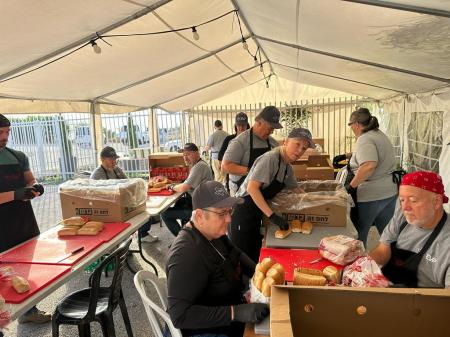 Volunteers with Texas Baptist Men prepare food for Israelis in the days following the Hamas attack in southern Israel on Oct. 7, 2023.