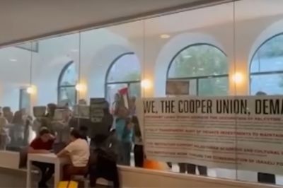 Jewish students were locked inside the library at Cooper Union in New York City on Oct. 25, 2023, as demonstrators pounded on the doors, held up signs, and chanted "Free Palestine."