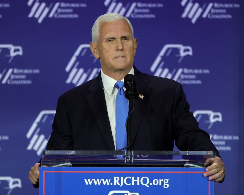 Republican presidential candidate former U.S. Vice President Mike Pence speaks after suspending his campaign for president during the Republican Jewish Coalition's annual Leadership Summit at The Venetian Resort Las Vegas on October 28, 2023, in Las Vegas, Nevada. The summit features the top GOP presidential candidates who will face their first test on the road to the Republican nomination with the Iowa Caucuses on January 15, 2024.