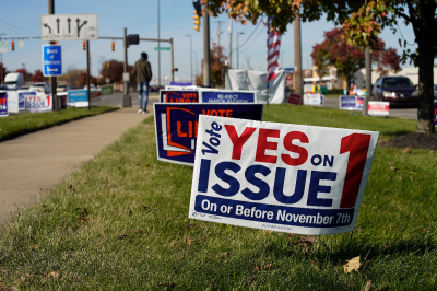 A close-up view of signage in support of Issue 1 is seen on November 3, 2023, in Columbus, Ohio.