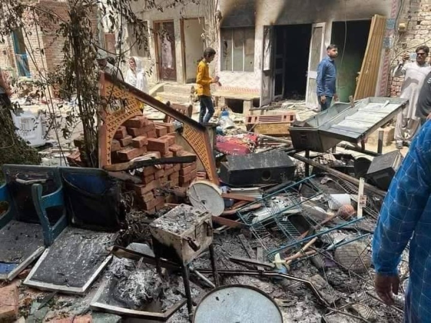 Debris lies in the aftermath of the mid August 2023 riots in Jaranwala, Pakistan.