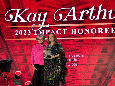 Kay Arthur (left) accepts the Pillar Award for impact at the Museum of the Bible in Washington, D.C., November 11, 2023.