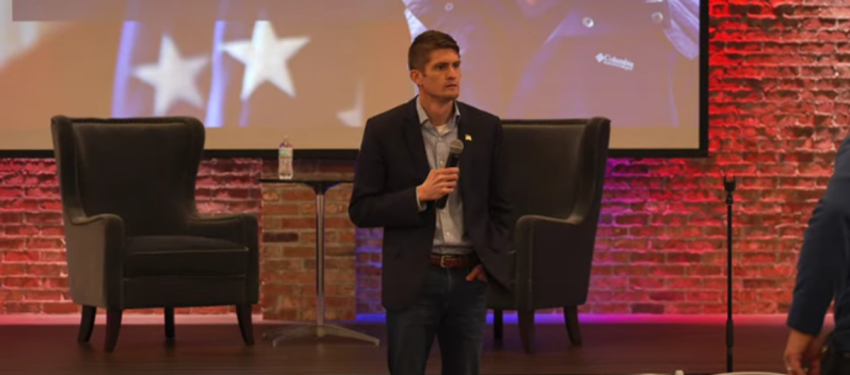 Presidential candidate David Stuckenberg speaks at a town hall in Greenbrier, Arkansas.