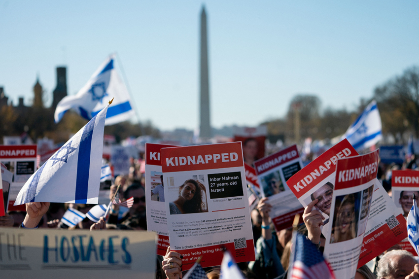 Demonstrators in support of Israel gather to denounce anti-Semitism and call for the release of Israeli hostages, on the National Mall in Washington, D.C., on November 14, 2023. Thousands of civilians, both Palestinians and Israelis, have died since October 7, 2023, after Palestinian Hamas terrorists based in the Gaza Strip invaded southern Israel in unprecedented attacks triggering a war declared by Israel on Hamas.