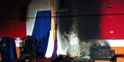 Damage to Gulberg Presbyterian Church building, burned in Lahore, Pakistan, on November 16, 2023.