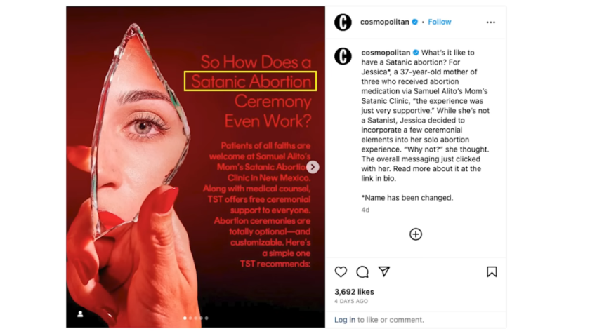 A screenshot of an Instagram post from Cosmopolitan with the headline, "So How Does a Satanic Abortion Ceremony Even Work?"