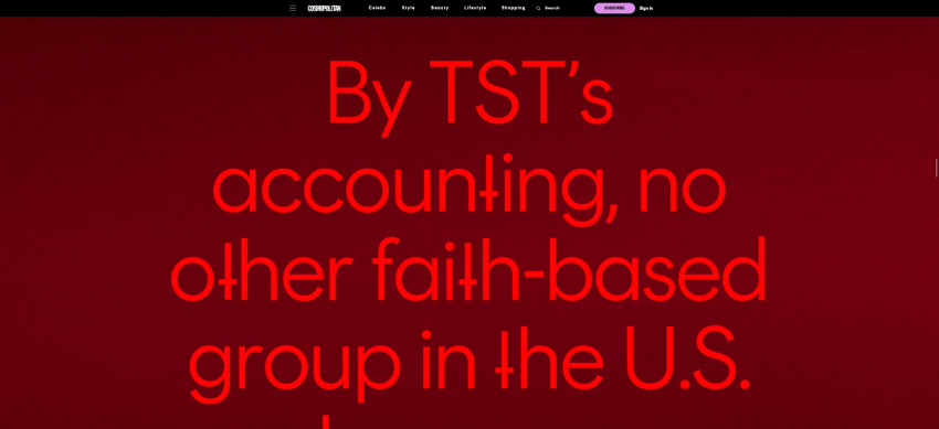 A screenshot of the Cosmopolitan article featuring inverted crosses used in place of the letter