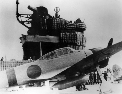 An Imperial Japanese Navy Mitsubishi A6M2 "Zero" fighter on the aircraft carrier Akagi during the Pearl Harbor attack mission.