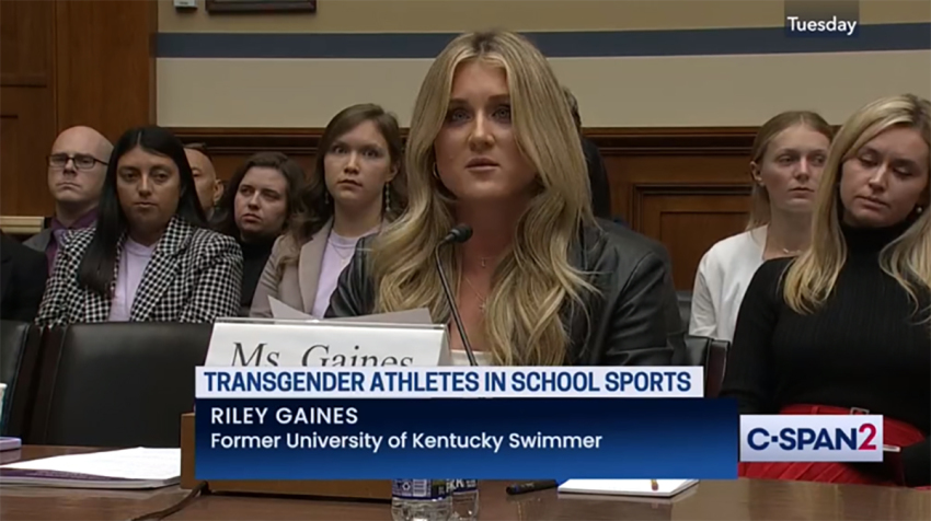 NCAA All-American swimmer Riley Gaines and others testified before a House Oversight subcommittee on the Biden administration’s proposed rule changes to Title IX to redefine the definition of sexual discrimination to include gender identity. Gaines is opposed to the change and against male trans-identified athletes participating in women’s sports in Washington, D.C., on December 5, 2023.