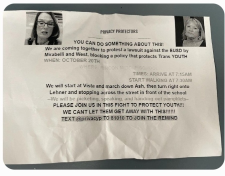 In October, a protest was organized against Mirabelli and West at Rincon Middle School using "REMIND," a smartphone app by which students and teachers can communicate with each other, according to the complaint.