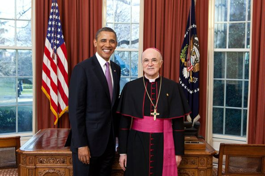 Archbishop Carlo Maria Vigano, former Apostolic Nuncio to the United States, poses for a picture in the White House with then-President Barack Obama.