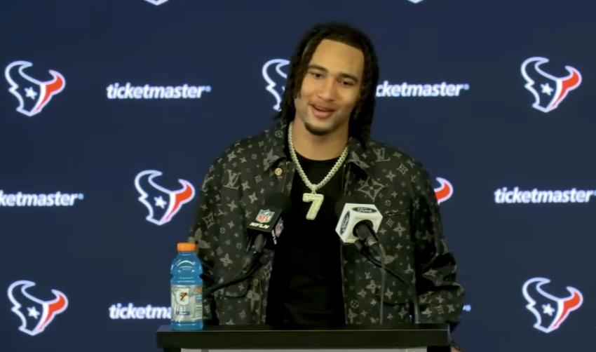 Houston Texans quarterback C.J. Stroud speaks during a press conference following the Texans' Jan. 13, 2024, win over the Cleveland Browns.