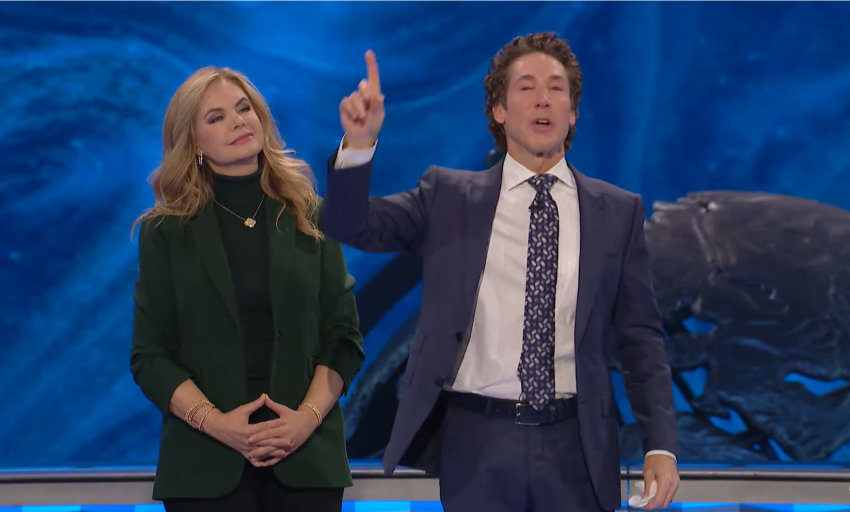 The moment that televangelist Joel Osteen (R) announced to congregants at Lakewood Church in Houston, Texas, that the church paid of a $100 million loan they borrowed from Bank of America some 20 years ago. His wife, Victoria, (L) looks on, January 14, 2024.
