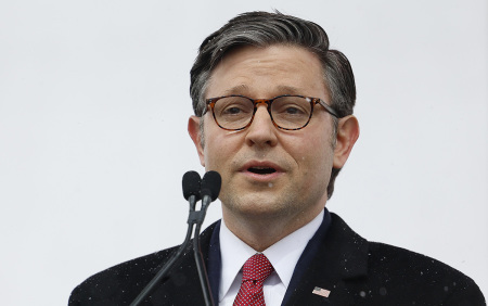 Speaker of the House Mike Johnson, R-La., attends the annual March for Life rally on the National Mall on January 19, 2024, in Washington, D.C. Amid snow and freezing temperatures anti-abortion activists attended the annual march that marked the anniversary of the Supreme Court’s, now overturned, 1973, Roe v. Wade ruling that legalized abortion in all 50 states.