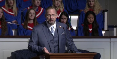 Clint Pressley, lead pastor of Hickory Grove Baptist Church in Charlotte, North Carolina, speaks at the chapel service at the Southern Baptist Theological Seminary of Louisville, Kentucky, April 2022.