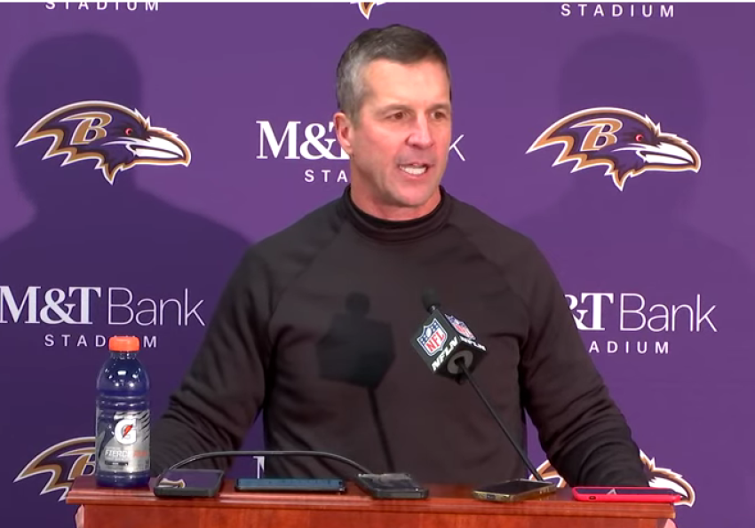 Baltimore Ravens head coach John Harbaugh speaks during a Jan. 20, 2023, press conference following a win against the Houston Texans.