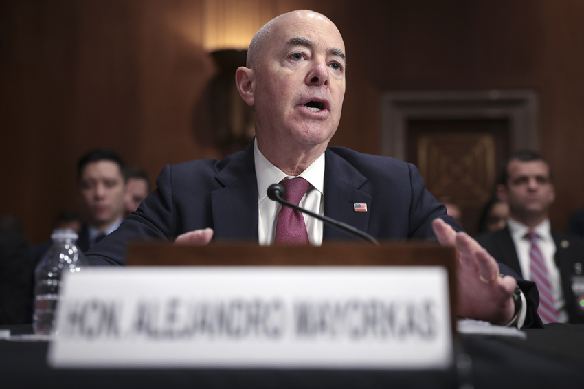 Former DHS Secretary Alejandro Mayorkas testifies before the Senate Homeland Security and Governmental Affairs Committee on Oct. 31, 2023, in Washington, D.C.