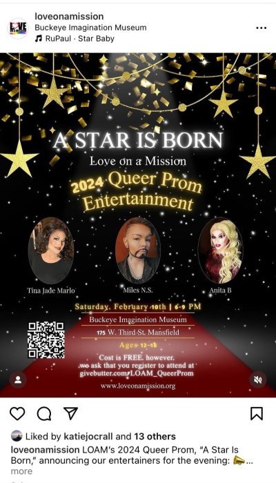 A now-deleted flier from Love On A Mission's Instagram page which shows drag performers slated for a LGBT event aimed at children as young as 12 years old.
