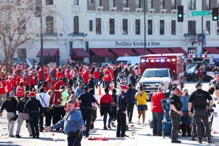 Law enforcement and medical personnel respond to a shooting at Union Station during the Kansas City Chiefs Super Bowl LVIII victory parade on February 14, 2024, in Kansas City, Missouri. Several people were shot, and two people were detained after a rally celebrating the Chiefs Super Bowl victory.