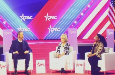 Ohio Attorney General Dave Yost (left), Latisha's House Founder Elizabeth Ameling (middle) and human trafficking survivor Tanya Gould (right) speak at the Conservative Political Action Conference on Feb. 23, 2024.