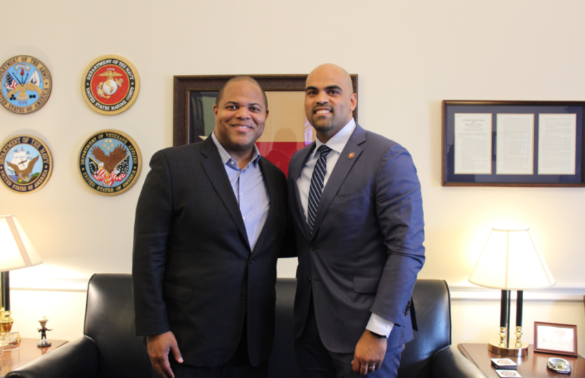 Dallas Mayor Eric Johnson (left) poses with Rep. Colin Allred, D-Texas.