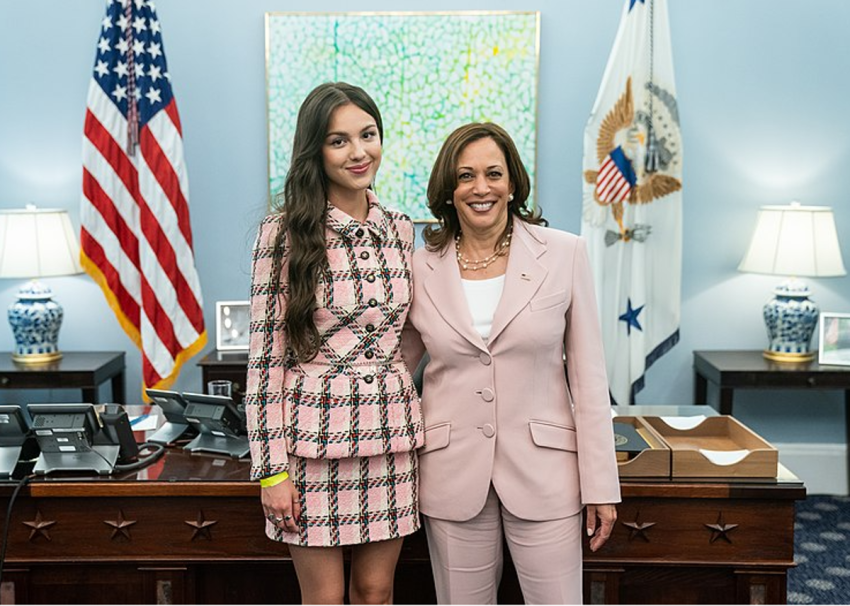 Pop singer Olivia Rodrigo (left) poses with Vice President Kamala Harris at the White House, July 14, 2021.