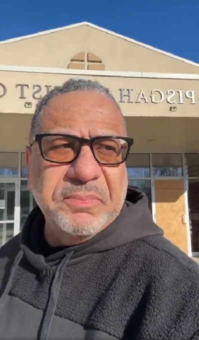 Timothy Mark Harris, pastor of Mount Pisgah Baptist Church of Bloomington, Illinois, telling congregation members about the vandalism that hit the sanctuary over the weekend in a Facebook video streamed live on Sunday, March 10, 2024.