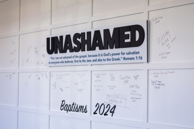 A wall celebrating the 93 baptisms that took place at First Baptist Church of Hendersonville, Tennessee, on Sunday, March 10, 2024.