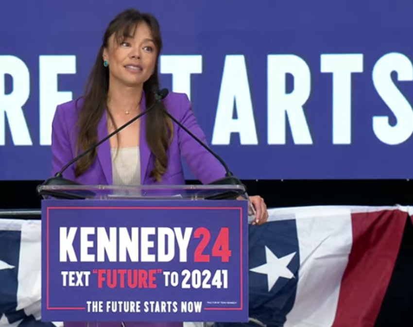 Nicole Shanahan speaks in Oakland, California after presidential candidate Robert F. Kennedy, Jr. announced her as his running mate, March 26, 2024.