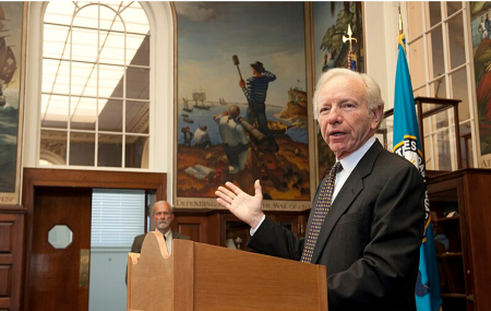 Sen. Joe Lieberman, I-Conn., speaks at the United States Coast Guard Academy in New London, Connecticut, April 27, 2012.