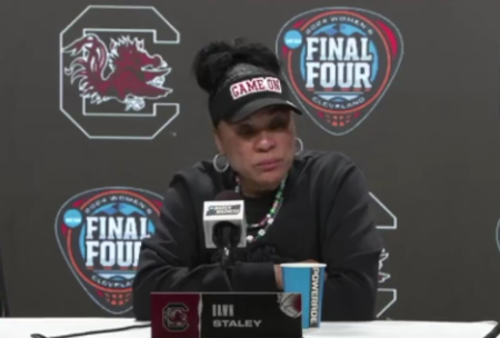 University of South Carolina women's basketball coach Dawn Staley speaks during a news conference on April 6, 2024.