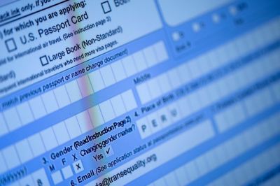 A partially completed passport application, with an X gender marker, is seen on a computer monitor in Alexandria, Virginia, on April 11, 2022. A small extra box to tick on an application form that a non-binary person who on Monday became one of the first Americans to apply for a gender-neutral passport. The option to receive a passport with an 