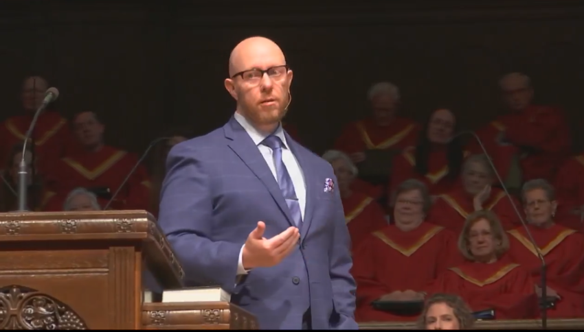 Pastor Brandon Hudson preaches a sermon on March 17, 2024, at First Baptist Church of Abilene, Texas.