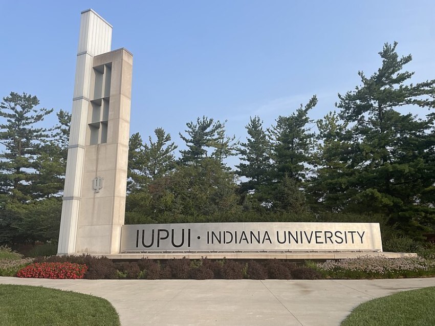 The entrance sign sits on the campus of Indiana University–Purdue University Indianapolis in July 2023.