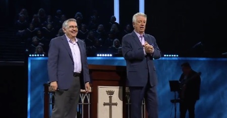 Prestonwood Baptist Church Pastor Jack Graham endorses seminary professor and former pastor David Allen for president of the Southern Baptist Convention at a church service in Plano, Texas, on April 21, 2024.