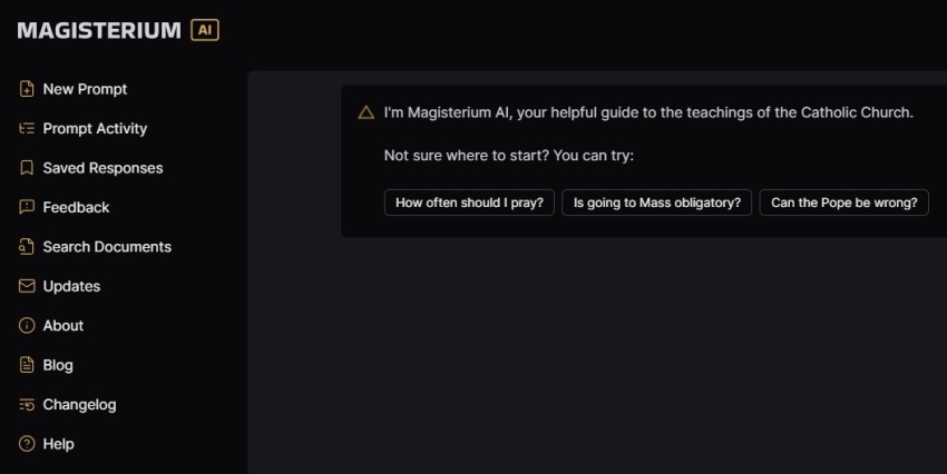 The website for Magisterium AI, a chatbot aimed at providing information about the Roman Catholic Church and its teachings, accessed Thursday, April 25, 2024.