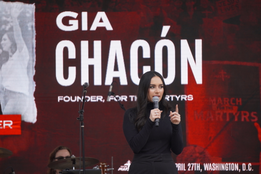March for Martyrs event organizer Gia Chacón, the founder of For The Martyrs, speaks at the fourth annual March for Martyrs event in Washington, D.C., on April 27, 2024.
