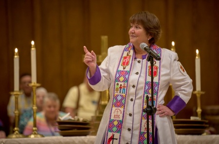 United Methodist Church Bishop Karen Oliveto preaches a sermon at First United Methodist Church of Charlotte, North Carolina, on April 28, 2024, during the UMC General Conference. Oliveto's election was ruled invalid by the United Methodist Judicial Council in 2017 due to her being in a same-sex marriage, however, she has remained a bishop of the UMC Mountain Sky Episcopal Area.