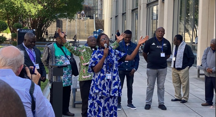 A group of African delegates at the United Methodist General Conference in Charlotte, North Carolina, hold a press conference on Thursday, May 2, 2024, to denounce the gathering's votes to allow same-sex marriage and ordination of noncelibate gay clergy. 