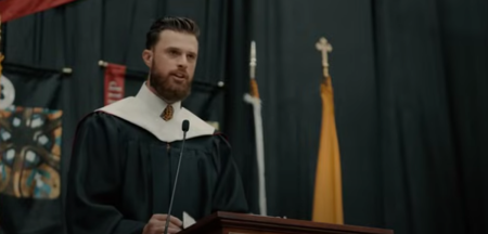 Kansas City Chiefs kicker Harrison Butker gives the commencement address at Benedictine College in Atchison, Kansas, on May 11, 2024.