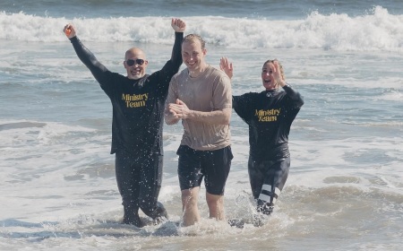 One of thousands of people who got baptized during Baptize California at Huntington Beach, Calif., on May 19, 2024.
