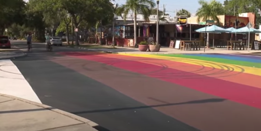 Tire marks are left behind after a driver performed "doughnuts" on an LGBT Pride Mural in St. Petersburg, Florida.