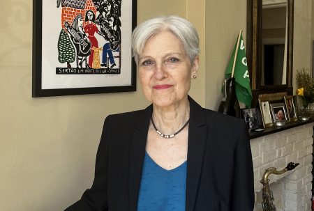 US presidential hopeful Jill Stein poses in New York on April 15, 2024. Climate change is a minor issue on the U.S. political agenda and the country's Green Party and its candidate Jill Stein are next to invisible in the presidential race. Making her third tilt at the White House, Stein is relying on her positions on issues outside of the environment to stay in the mix. According to a recent poll, Stein is pulling around 2 percent support, after finishing with 0.4 percent and 1 percent of votes in 2012 and 2016, respectively.