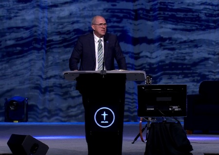 Southern Baptist Convention President Bart Barber giving a speech at the SBC Annual Meeting in Indianapolis, Indiana, on Tuesday, June 11, 2024.
